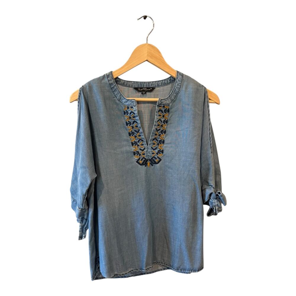 Velvet Heart Embroidered Blouse Aztec Chambray Tie Sleeve Peep ShoulderSize‎ XS